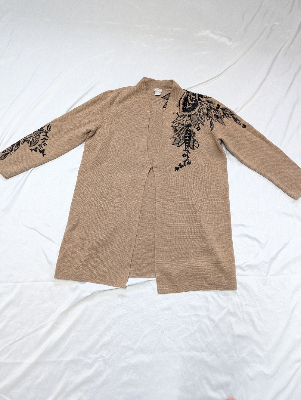 Chico's Embroidered Camel Color Long Line Heavyweight Cardigan Chico's Size 3